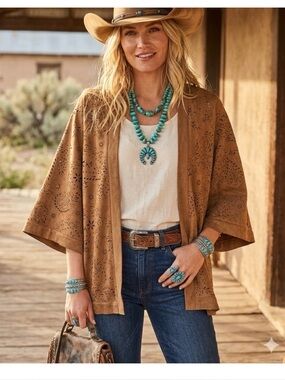American Eagle Brown Faux Suede Laser-Cut Western Cowgirl Kimono Cardigan Sz M